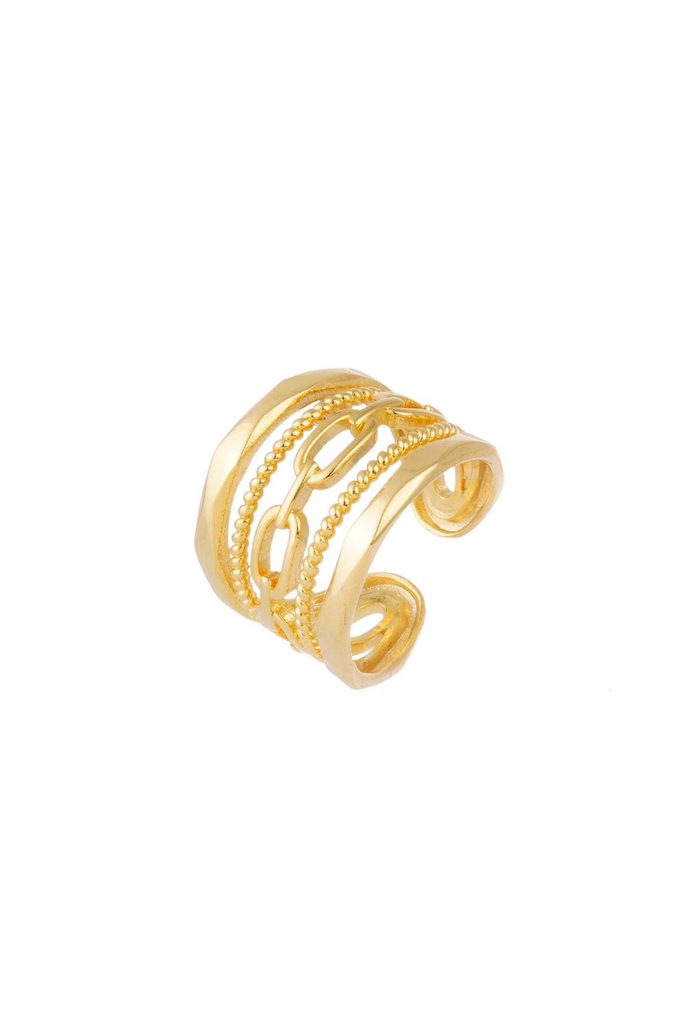 Anel Ajustável Dourado com Elos e Textura Essenza em Camadas