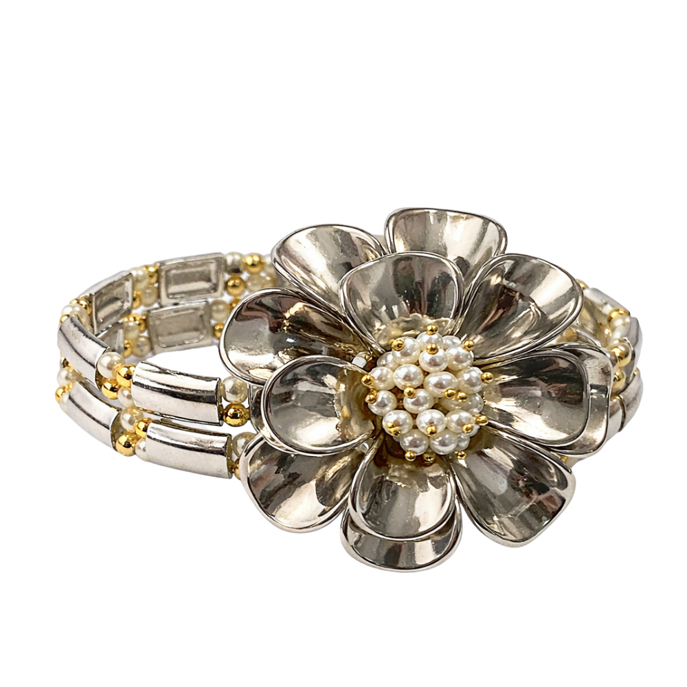 Pulseira Flor Tridimensional com Pérolas e Mix de Metais – Angela