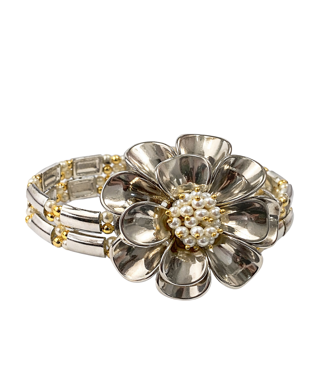 Pulseira Flor Tridimensional com Pérolas e Mix de Metais – Angela