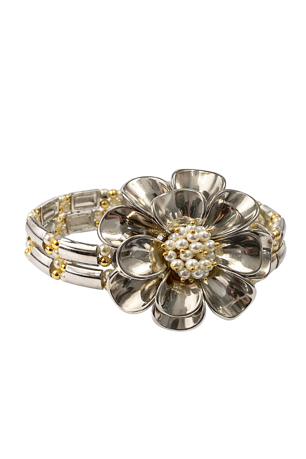Pulseira Flor Tridimensional com Pérolas e Mix de Metais – Angela