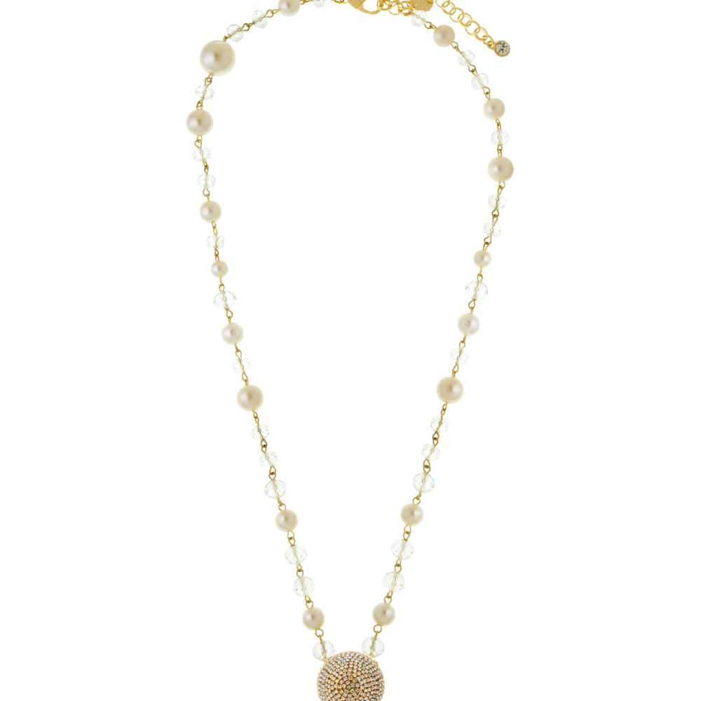 Colar Longo Dourado com Pérolas Espaçadas e Pingente Cravejado
