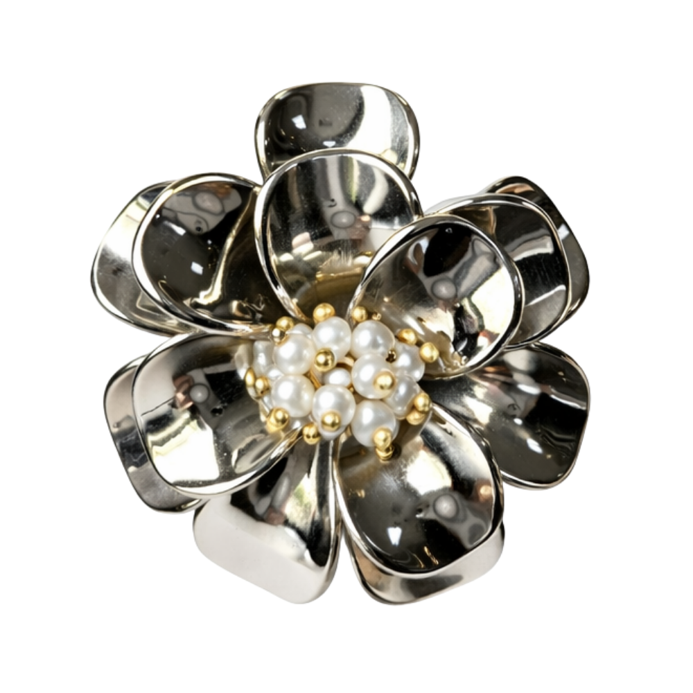 Broche Flor Tridimensional com Pérolas e Mix de Metais – Angela