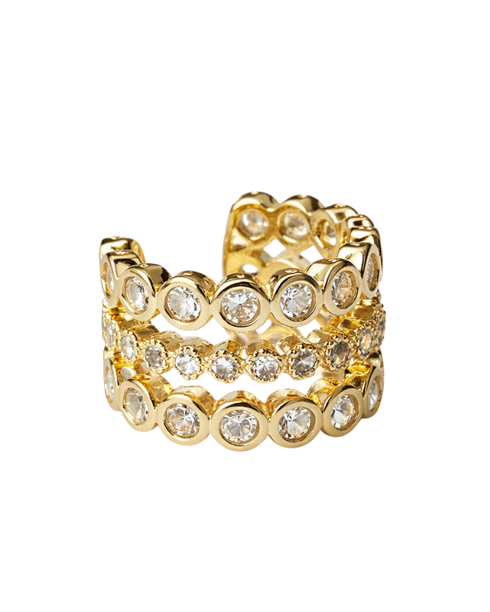 Ear Cuff Triplo Dourado com Zircônias e Encaixe Sem Furo