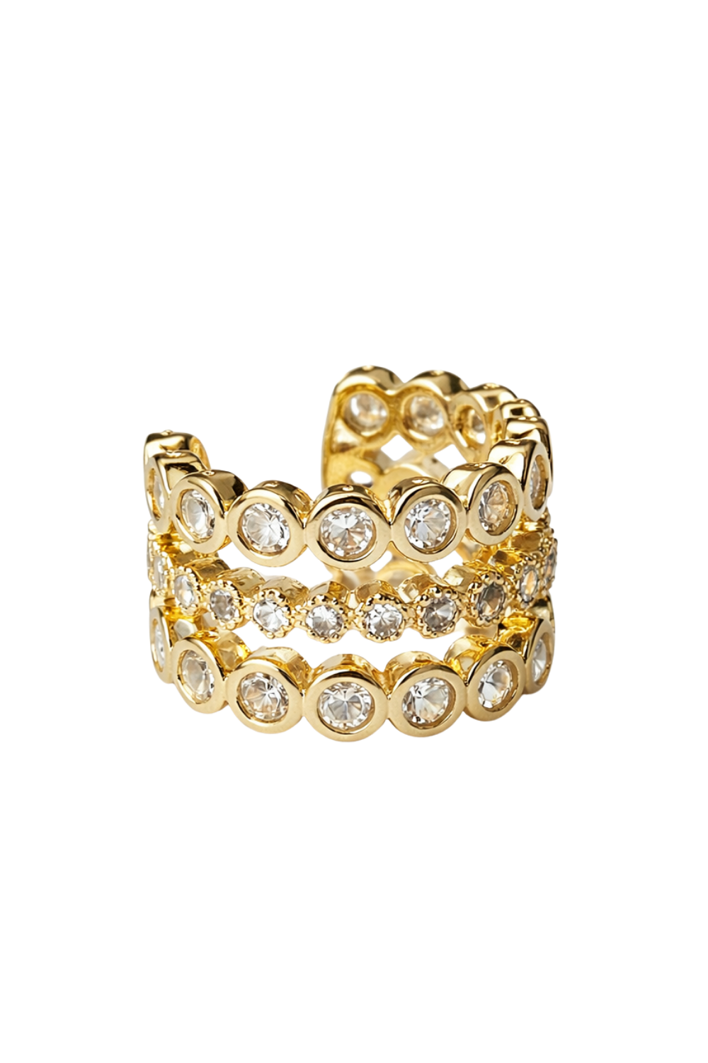 Ear Cuff Triplo Dourado com Zircônias e Encaixe Sem Furo