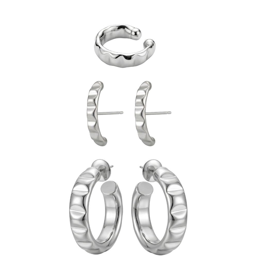 Kit de Argolas Prateadas com Ear Cuff | Trio Texturizado