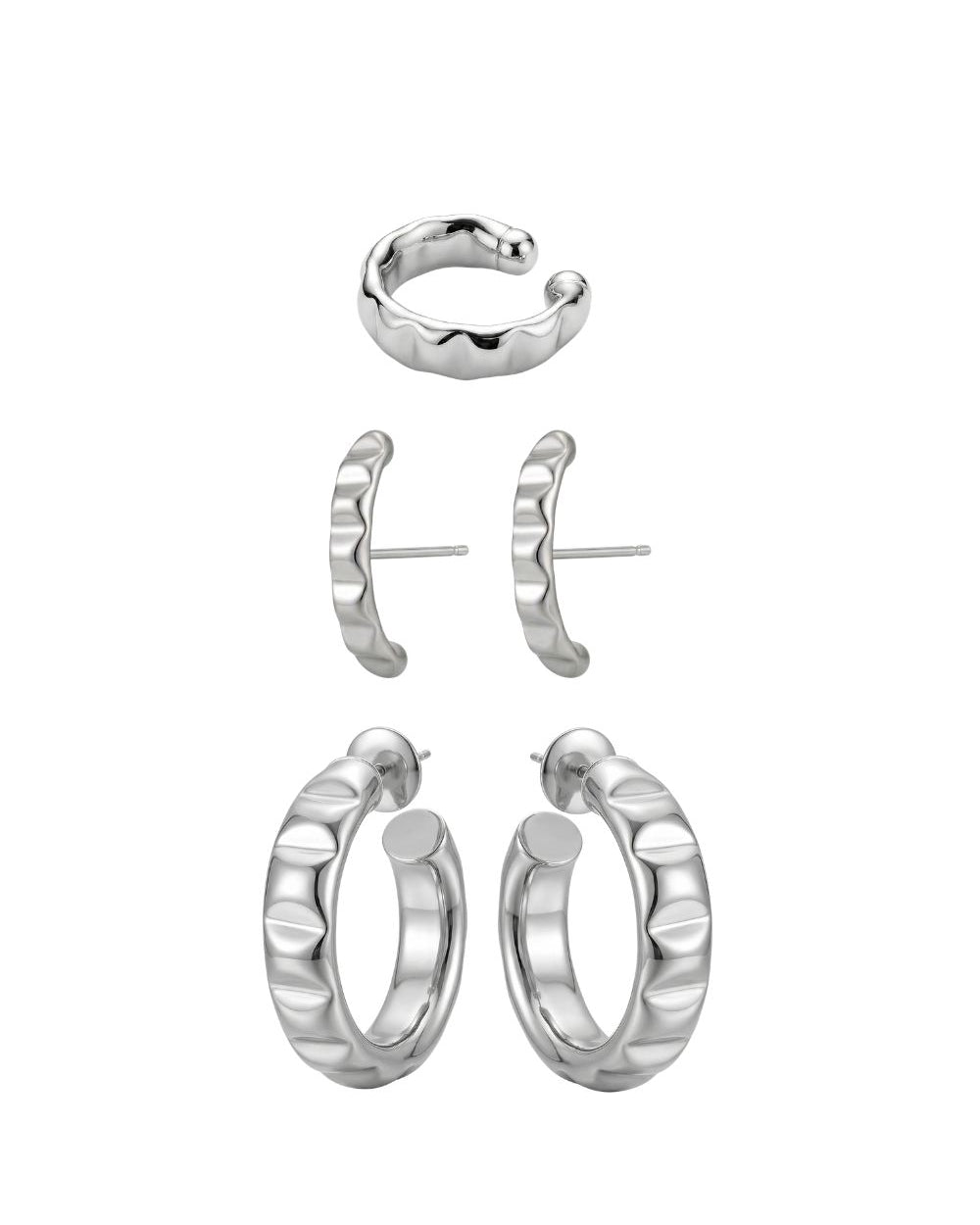 Kit de Argolas Prateadas com Ear Cuff | Trio Texturizado