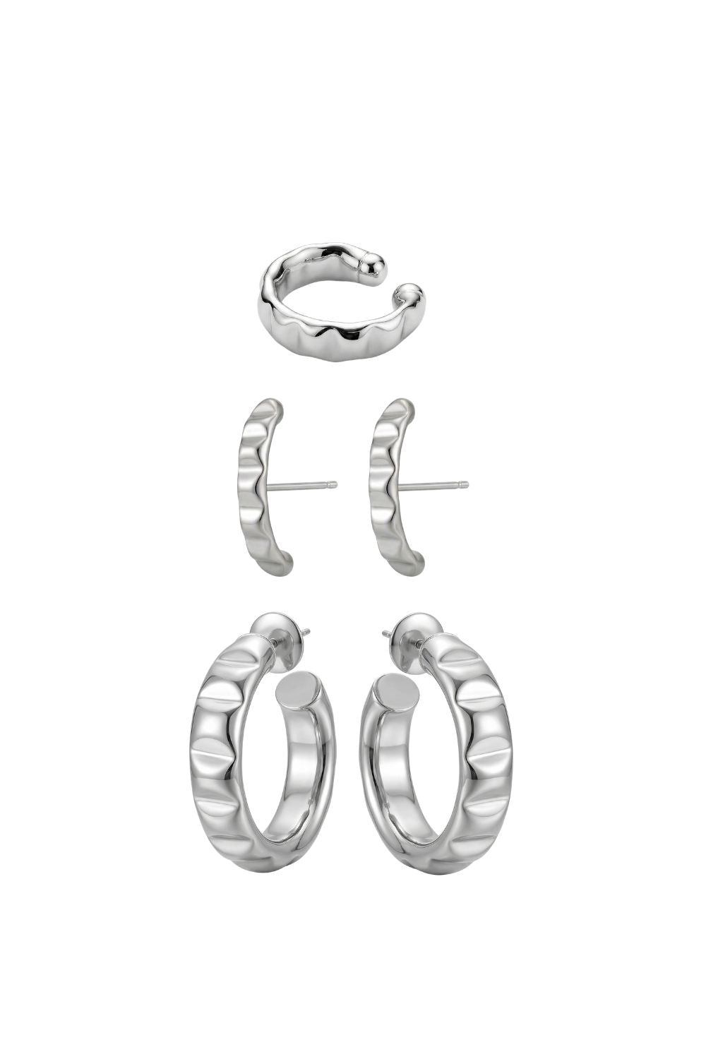 Kit de Argolas Prateadas com Ear Cuff | Trio Texturizado