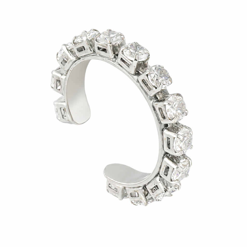 Ear Cuff Prateado com Zircônias Redondas e Encaixe Sem Furo