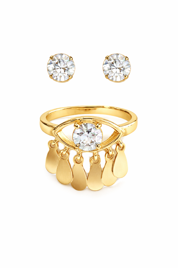 KIT DE ANEL E BRINCO CRISTAL DOURADO