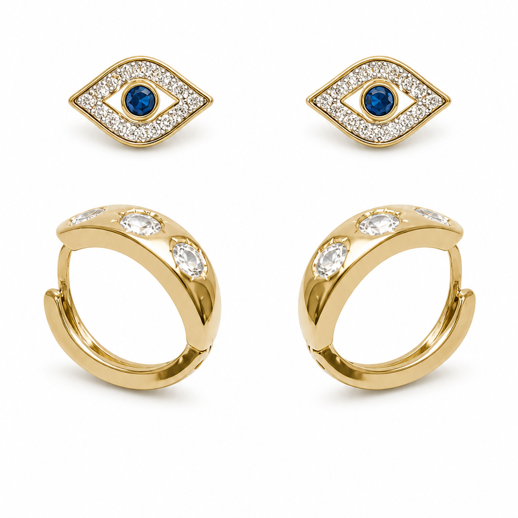 Kit de Brincos Olho Grego com Argola Cravejada Dourado – Mix Pronto