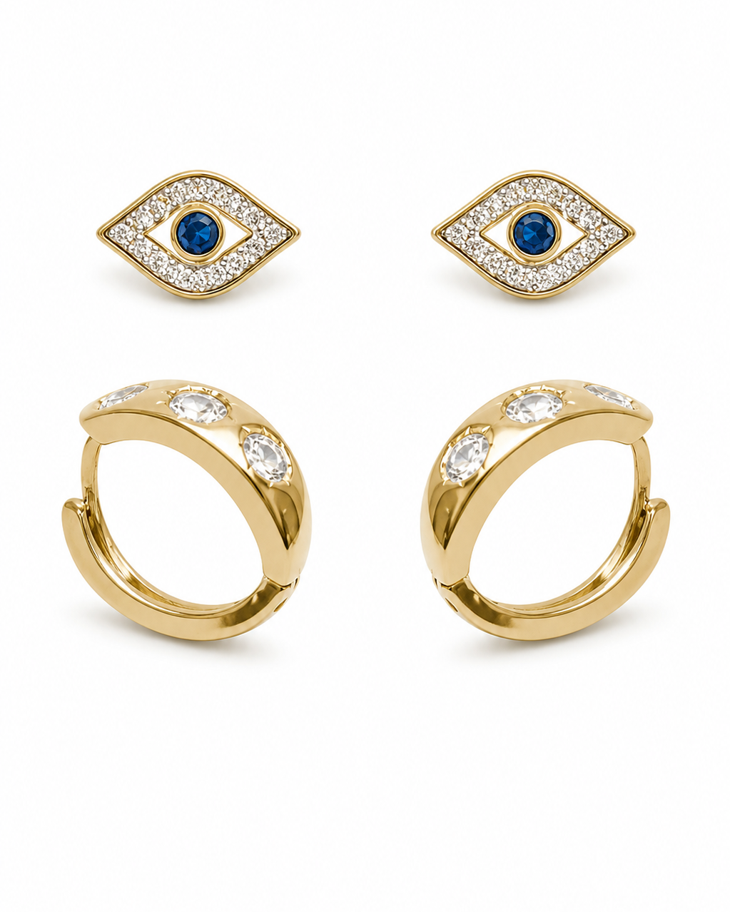 Kit de Brincos Olho Grego com Argola Cravejada Dourado – Mix Pronto