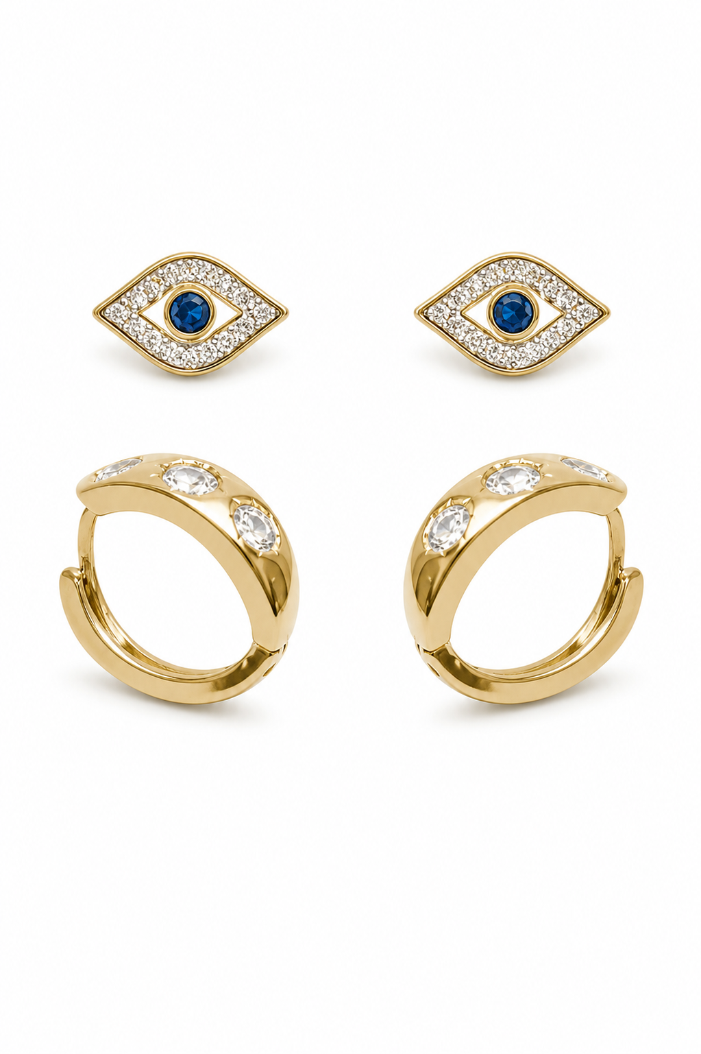 Kit de Brincos Olho Grego com Argola Cravejada Dourado – Mix Pronto