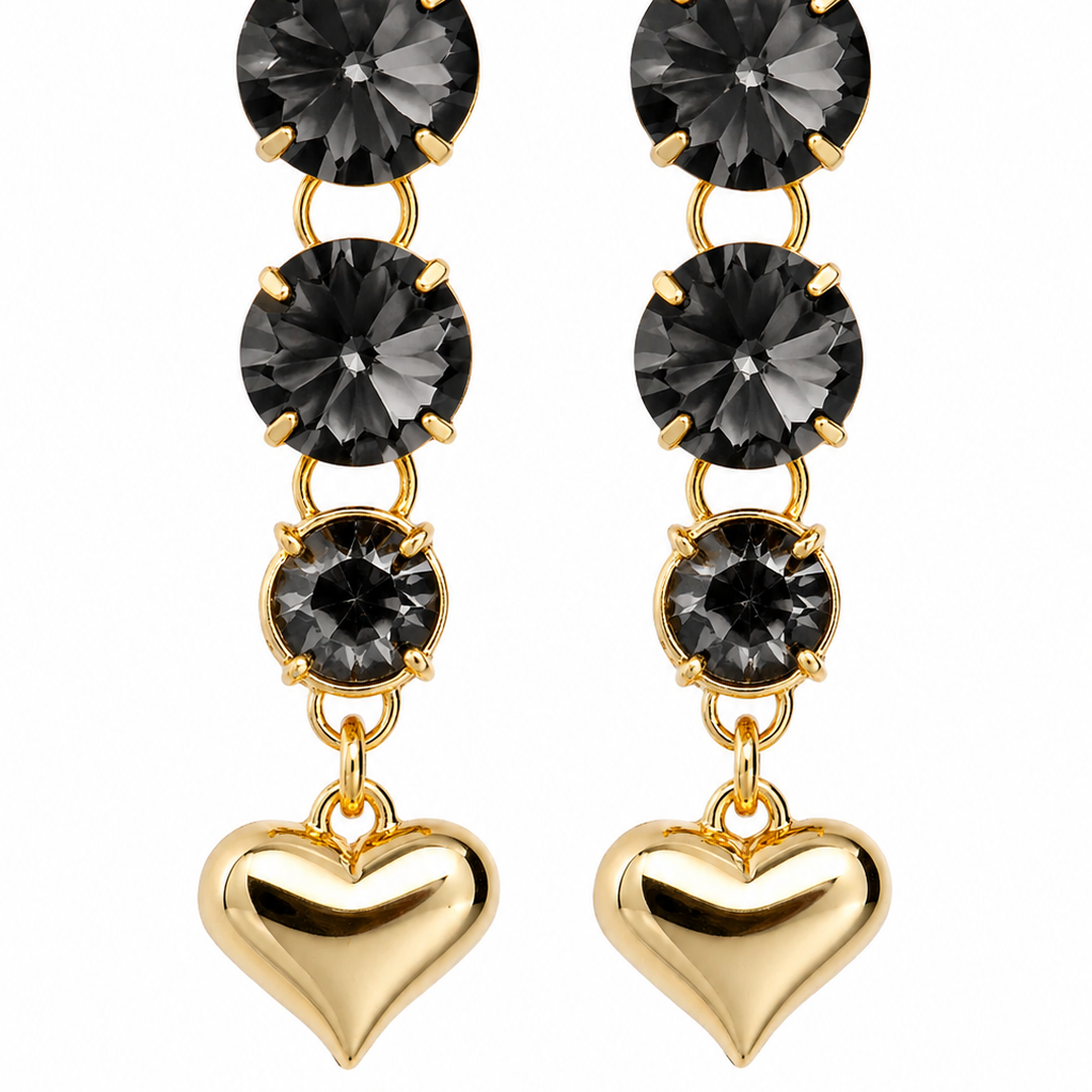 Brinco Longo Corações com Cristais Black Diamond Dourado