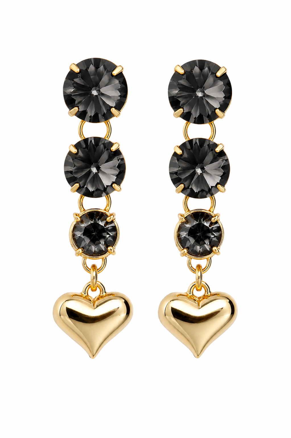 Brinco Longo Corações com Cristais Black Diamond Dourado