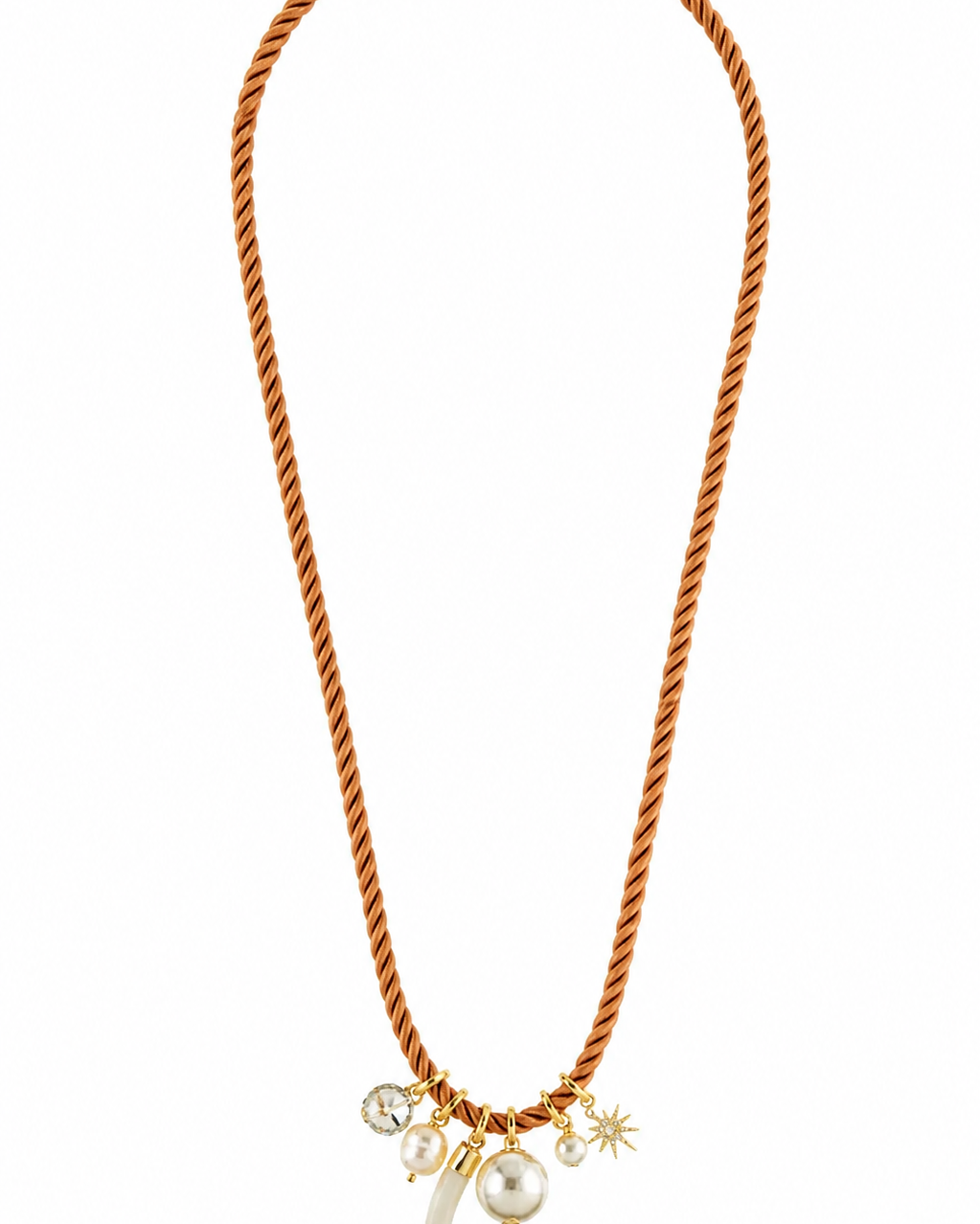 Colar Cordão São Francisco Terracota com Pérolas e Pingentes Dourado Longo