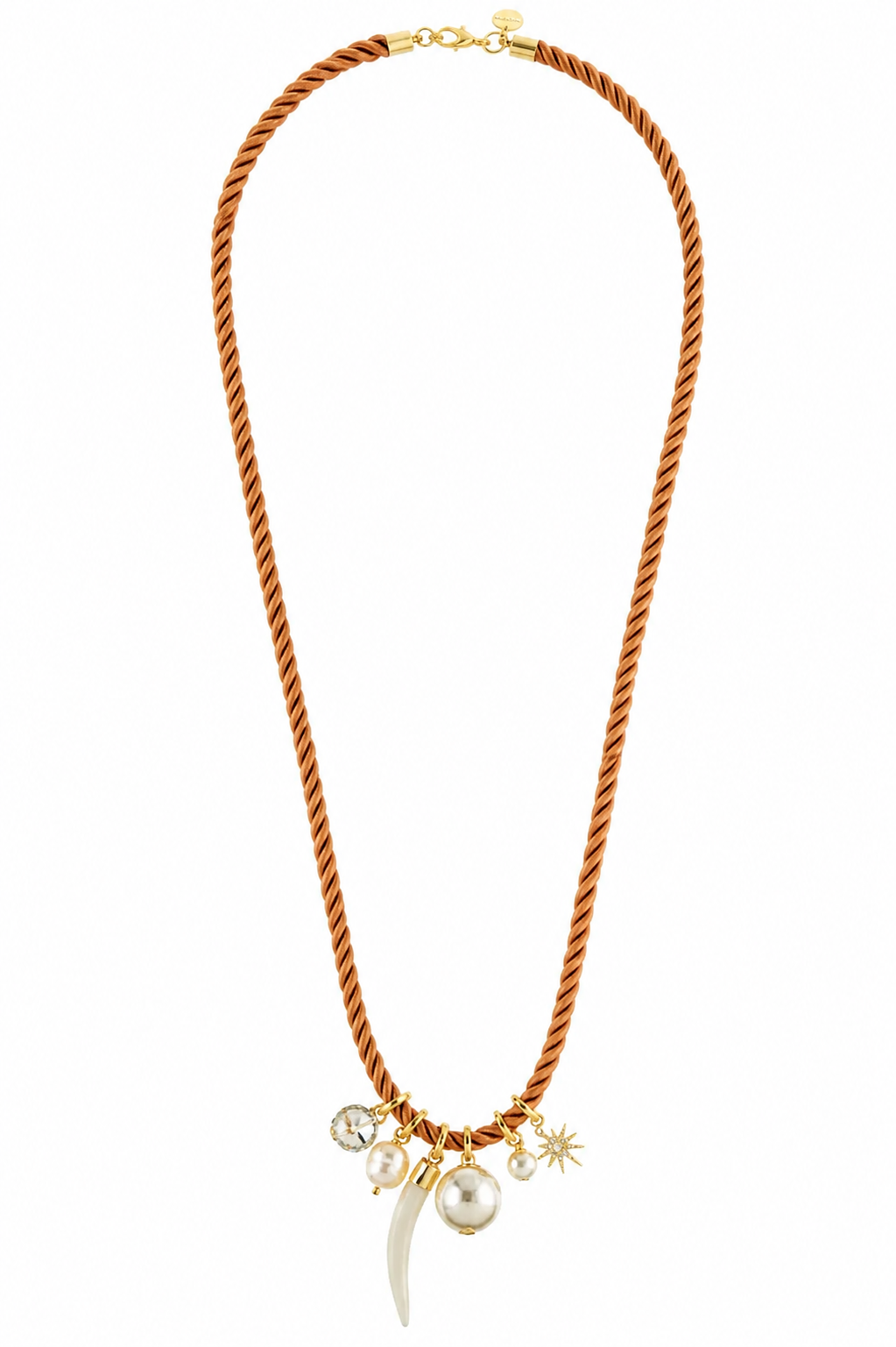 Colar Cordão São Francisco Terracota com Pérolas e Pingentes Dourado Longo