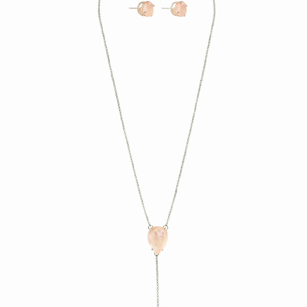 Kit Colar Longo Estilo Terço com Pedra Light Peach e Brinco Ponto de Luz Prateado
