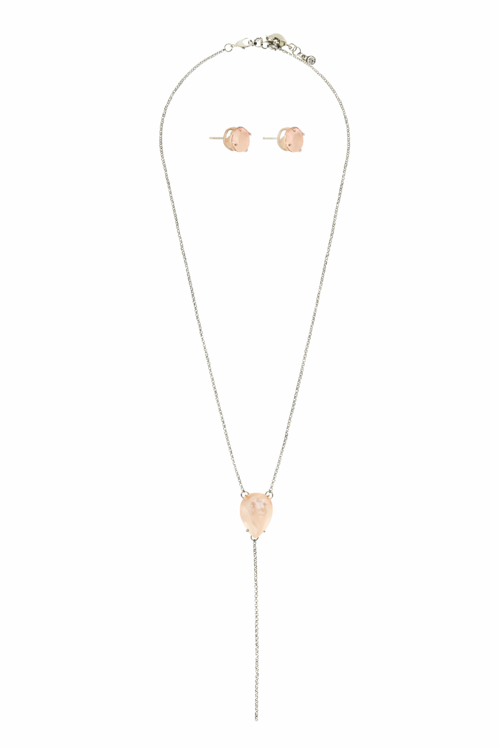 Kit Colar Longo Estilo Terço com Pedra Light Peach e Brinco Ponto de Luz Prateado