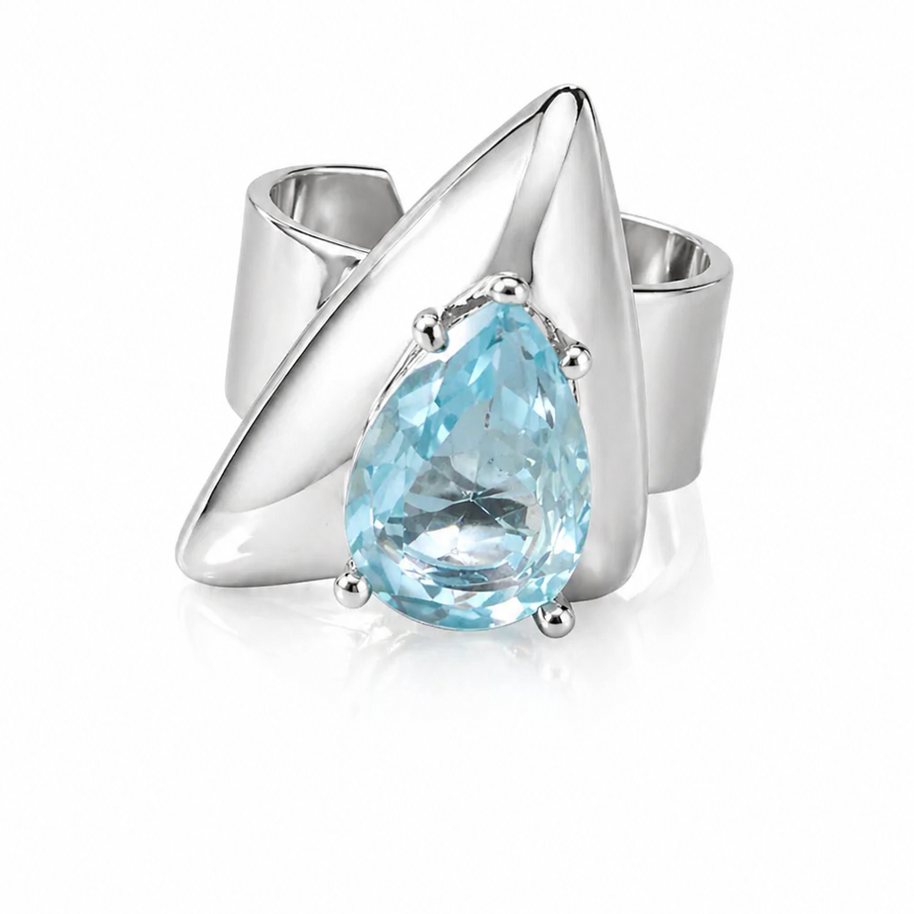 Anel Prateado com Pedra Azul Triangular | Ajustável e Marcante