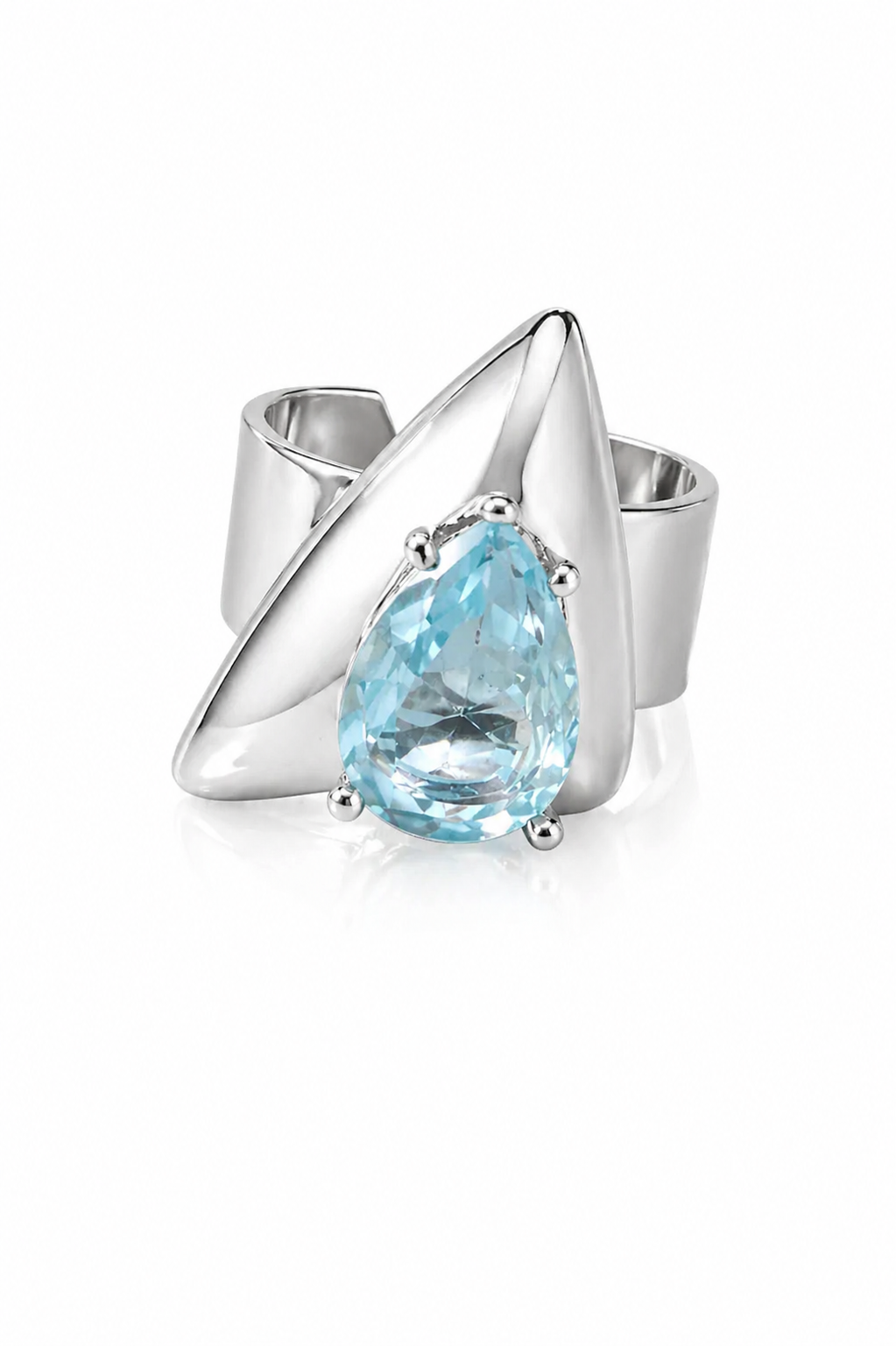 Anel Prateado com Pedra Azul Triangular | Ajustável e Marcante