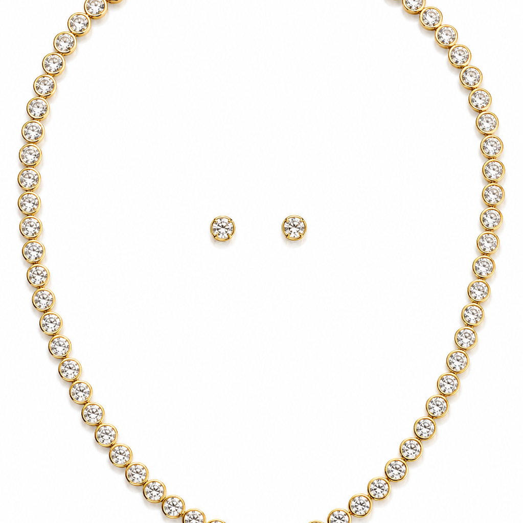 Kit Colar Riviera e Brinco Dourado com Cristais Lapidados e Brilho Contínuo