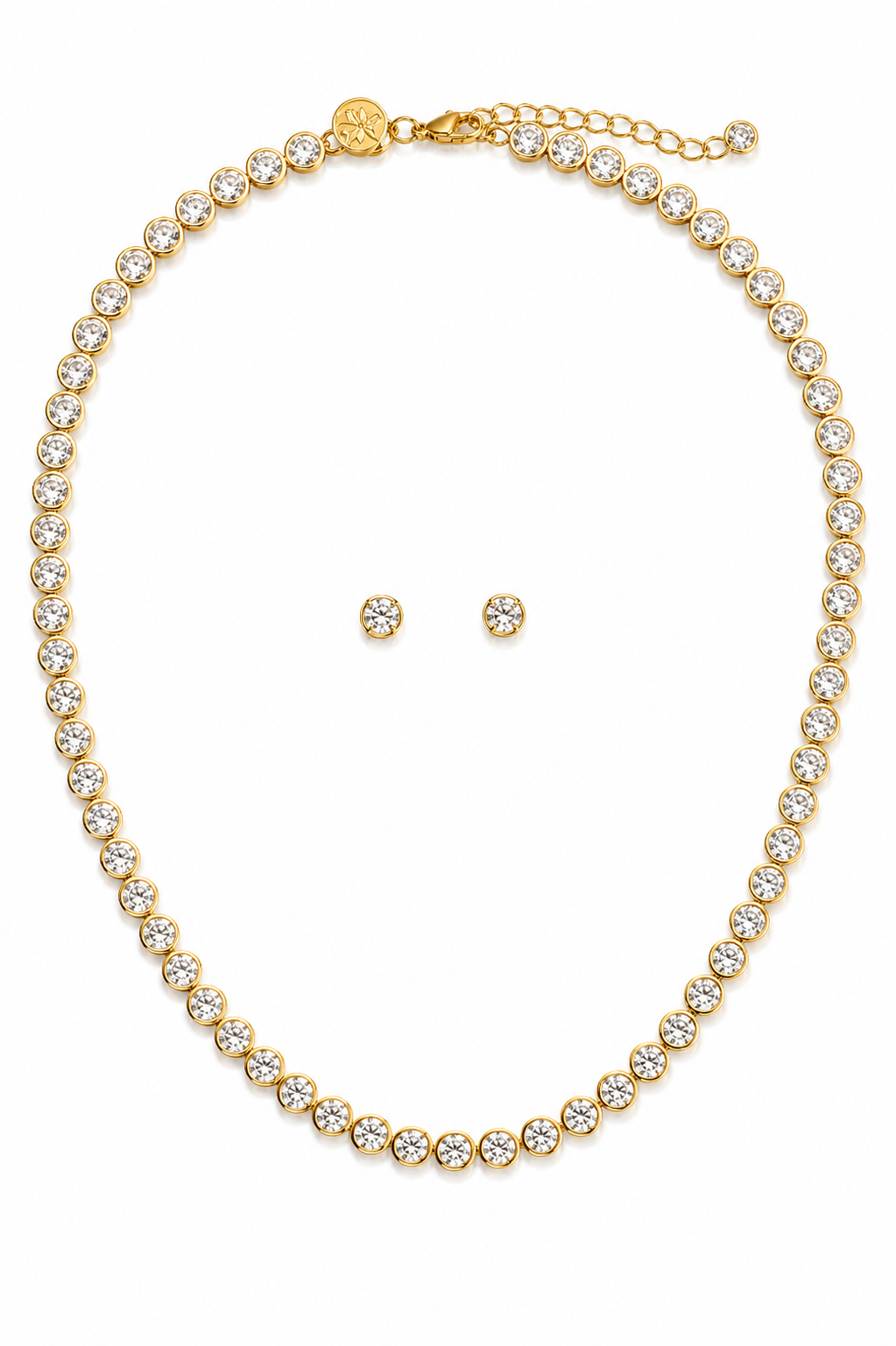 Kit Colar Riviera e Brinco Dourado com Cristais Lapidados e Brilho Contínuo