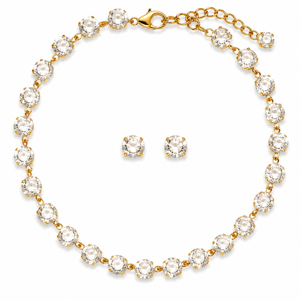 Kit Colar e Brinco Riviera Shine Cristal Dourado com Pedras Lapidadas