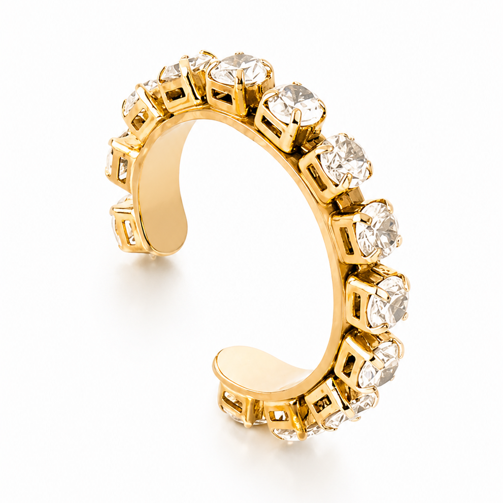 Ear Cuff Dourado com Zircônias Redondas e Encaixe Sem Furo