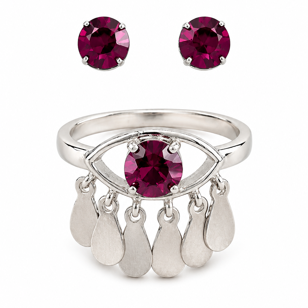 Kit de Anel e Brinco Olho com Cristal Roxo e Pingentes Prateados