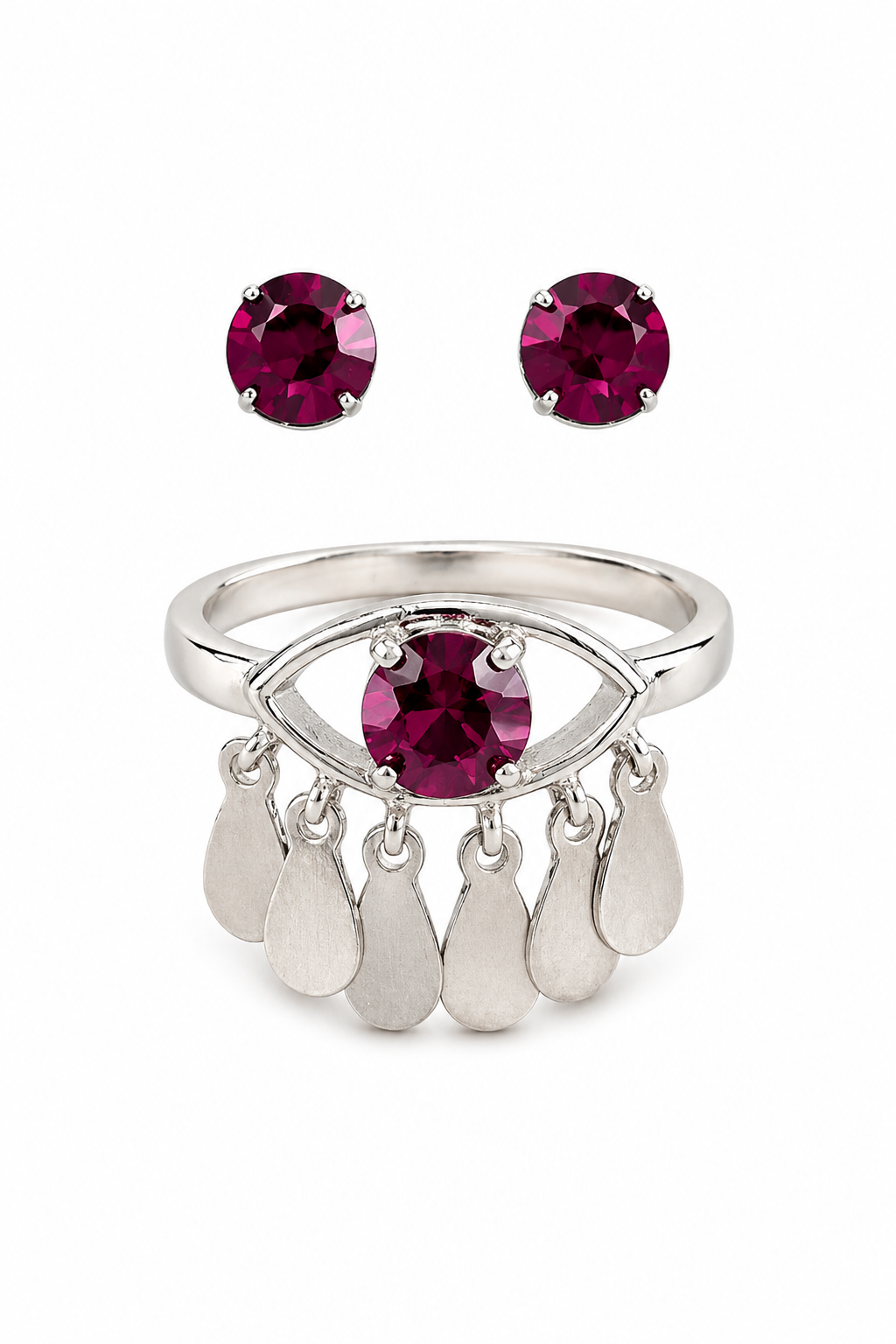 Kit de Anel e Brinco Olho com Cristal Roxo e Pingentes Prateados