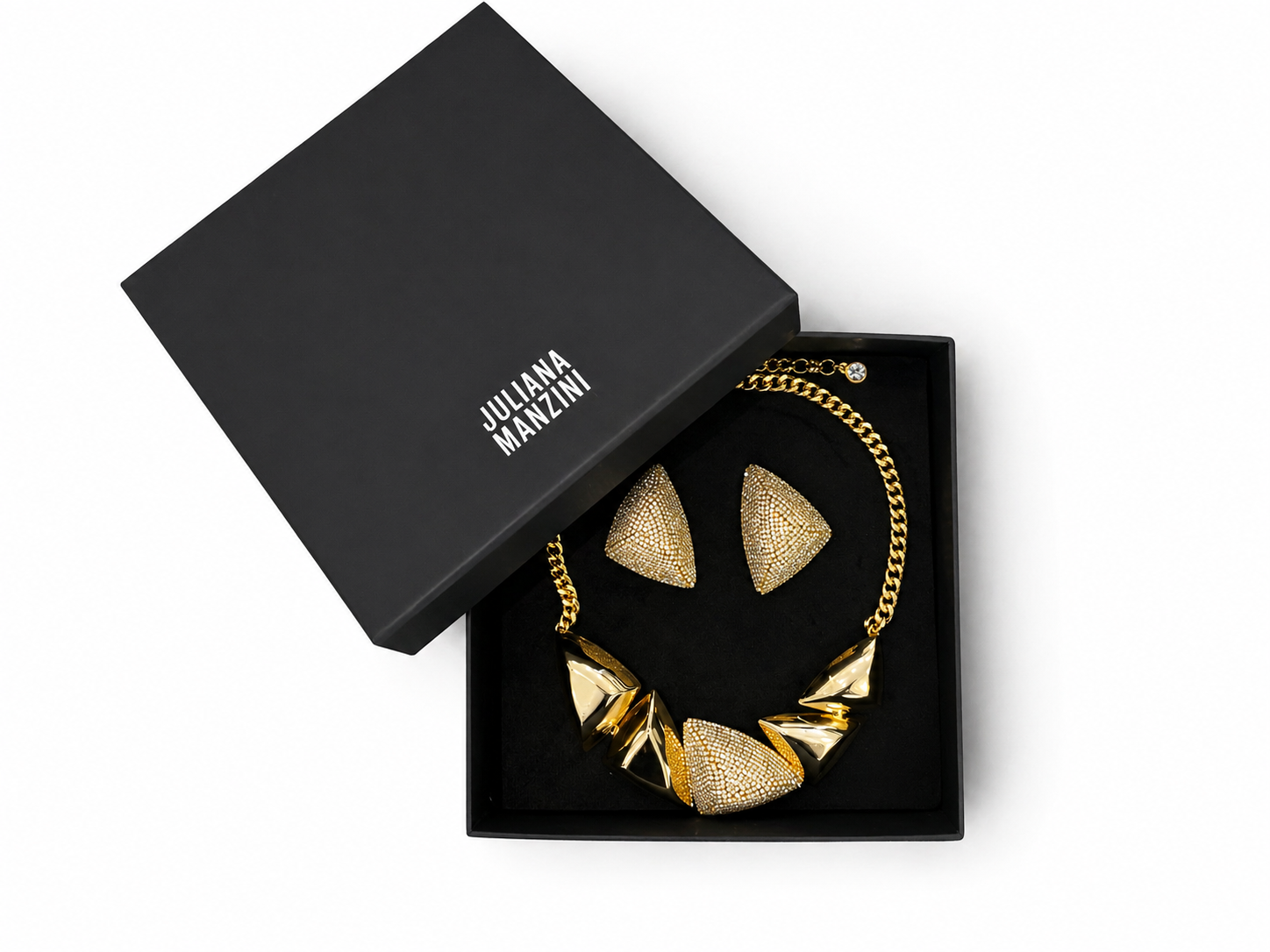 Kit Colar Geométrico Dourado com Strass Aplicado à Mão – Shine