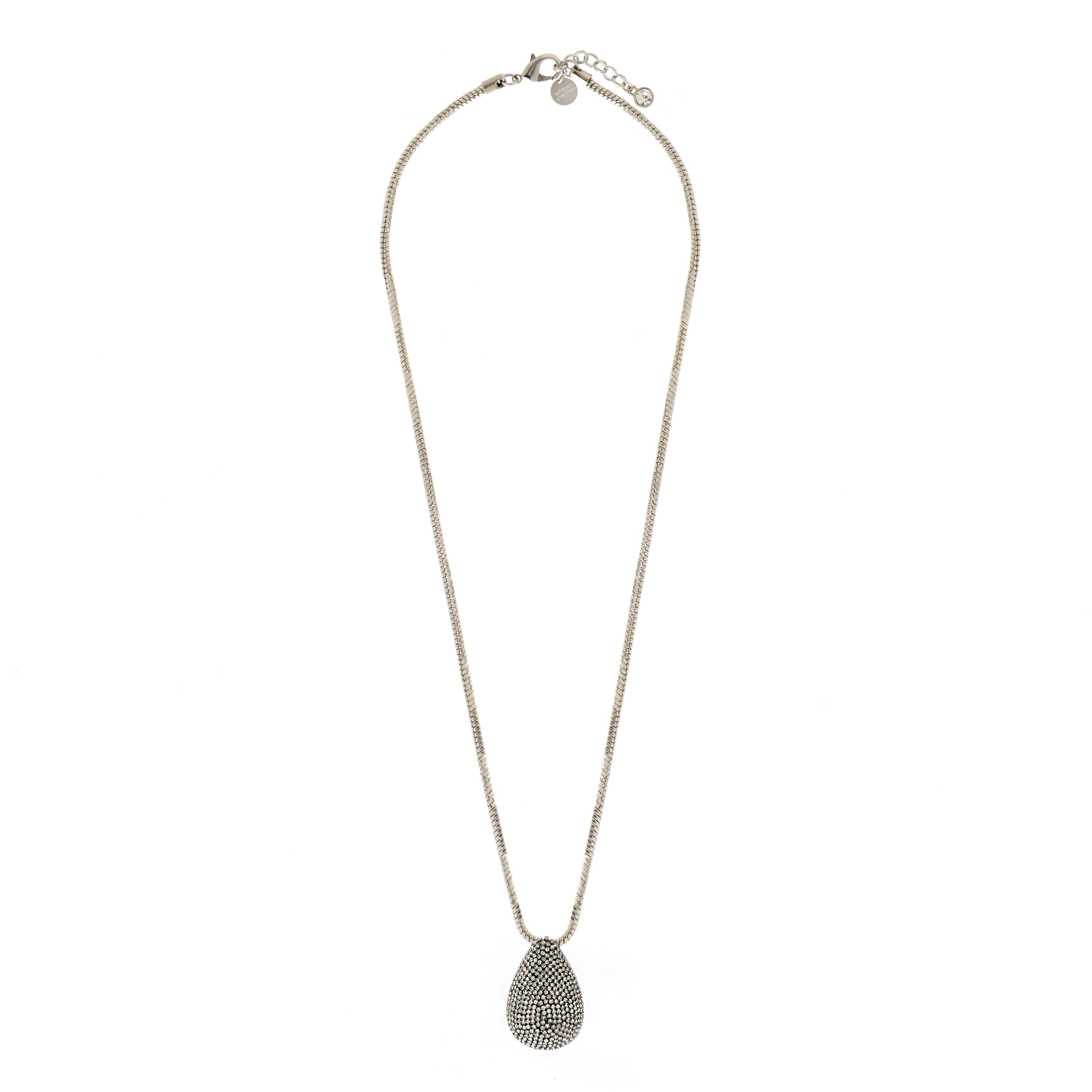 Colar Longo Prateado com Pingente Gota Cravejada em Strass