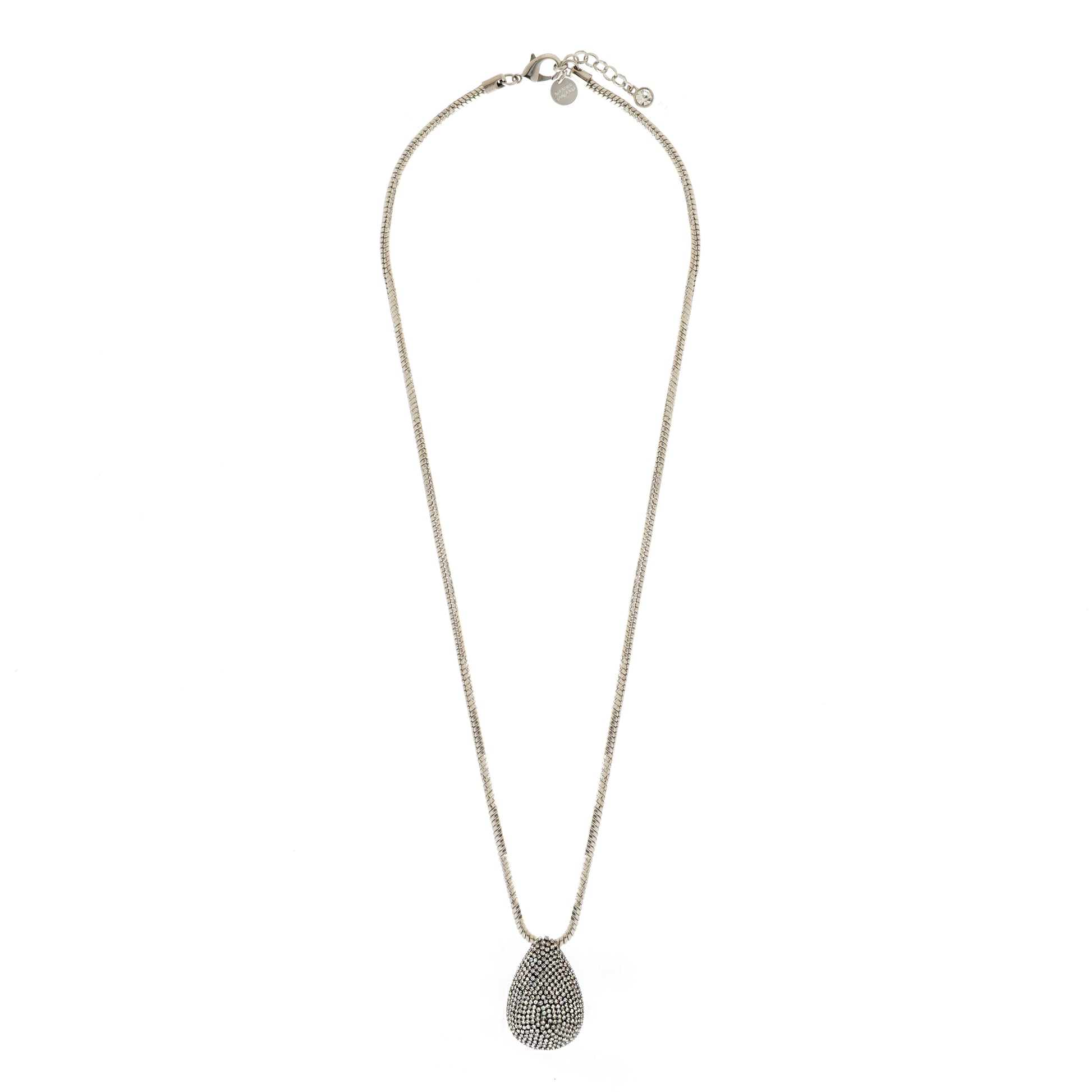 Colar Longo Prateado com Pingente Gota Cravejada em Strass