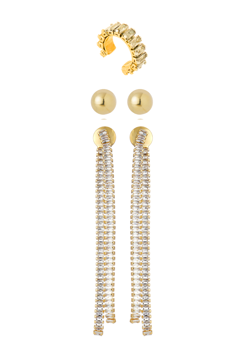 Kit Brinco Dourado com Zircônias, Fios Longos e Ear Cuff