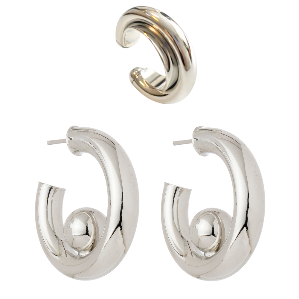 Kit Brinco Prateado Design Moderno | Argola + Ear Cuff