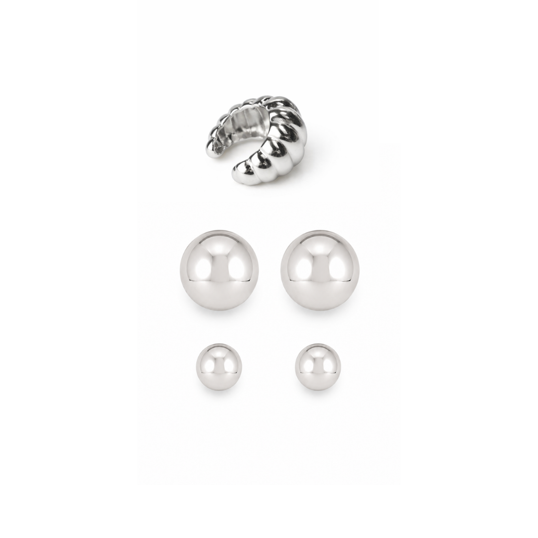 Kit de Brinco Canopla e Ear Cuff Orgânico Prateado